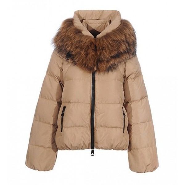 Moncler Khaki lussuoso collo di pelliccia Cappotti